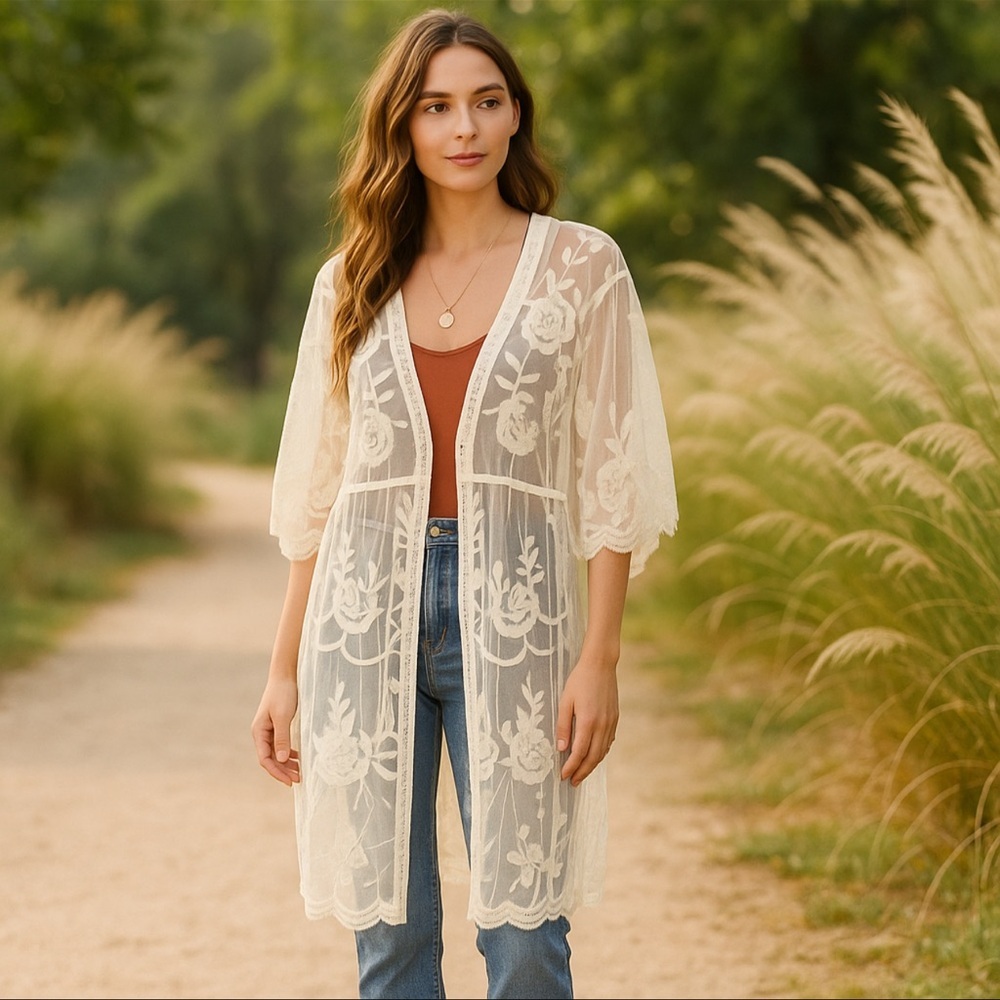 Lauren Conrad Embroidered Sheer Kimono Duster One Size Ivory Boho Chic - Picture 2 of 5